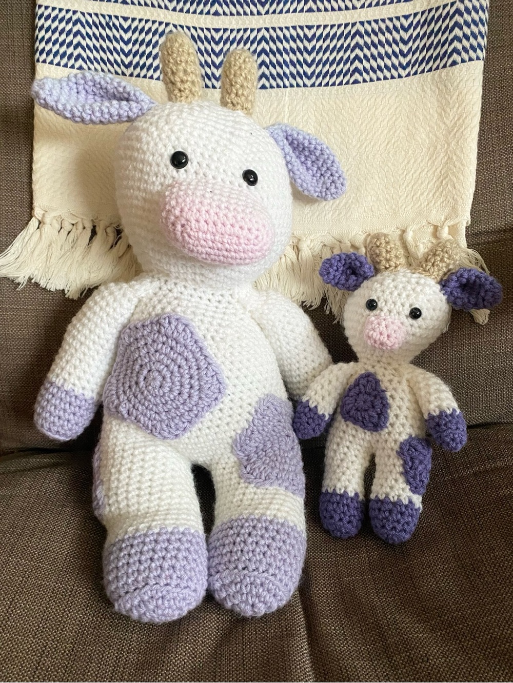 Hand Crocheted Mom & Baby Purple White Cows Set of 2 Large 18” Small